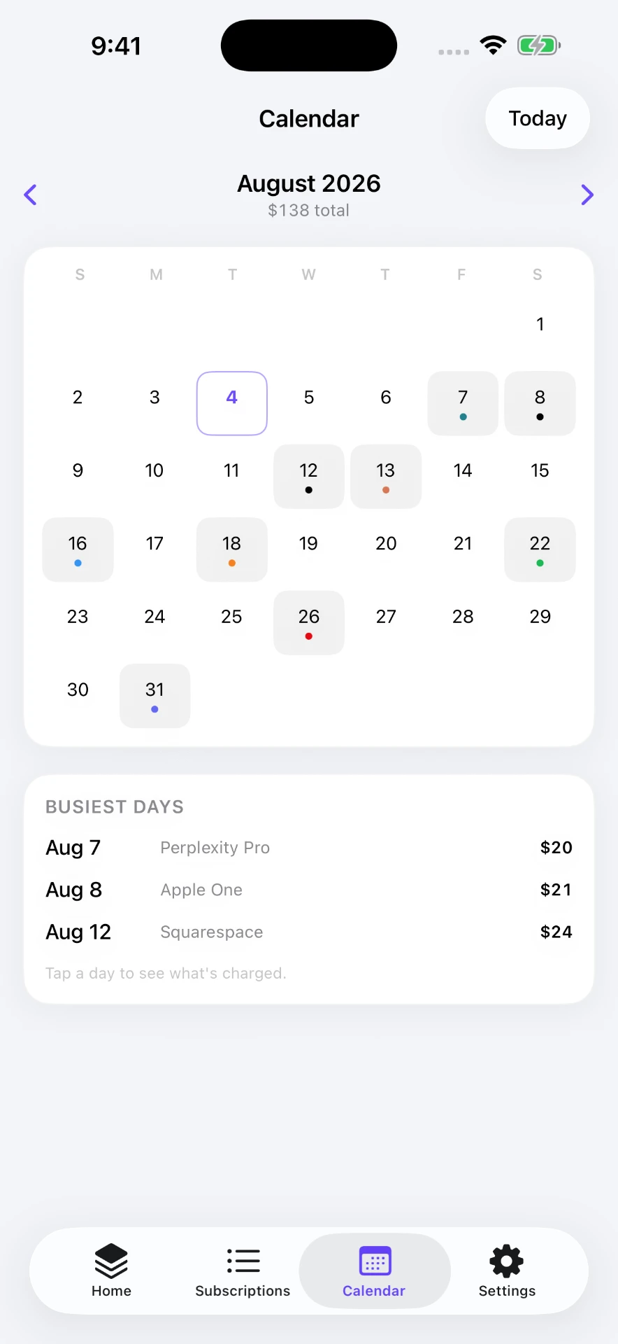 SubSlot renewal calendar for August with busiest days listed