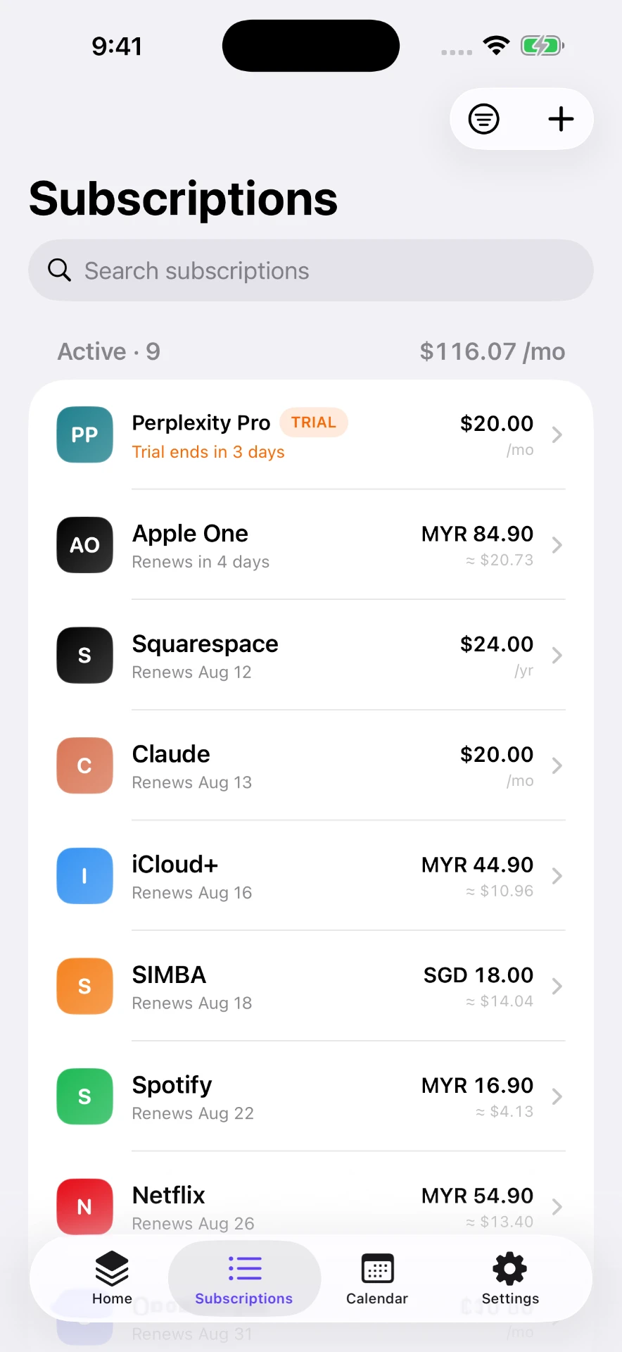 SubSlot subscriptions list showing prices in USD, MYR and SGD converted to a base currency